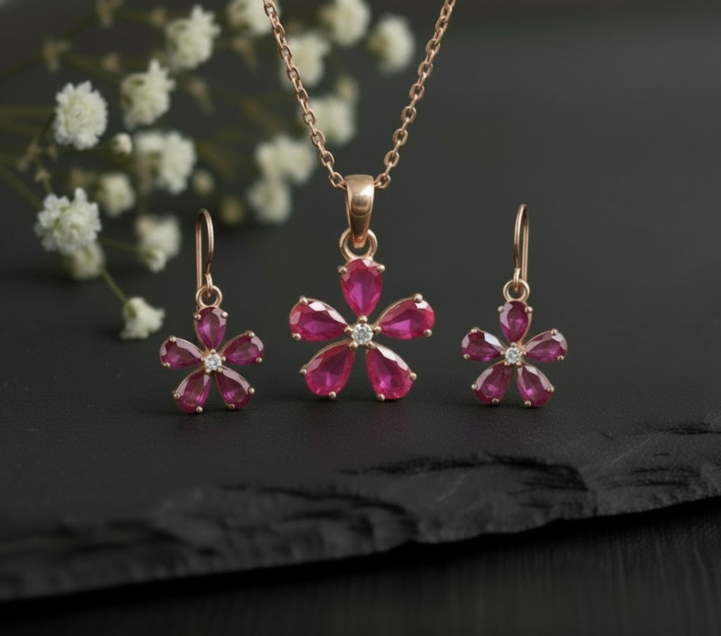 Natural Ruby & Moissanite Flower Pendant and Drop Earrings