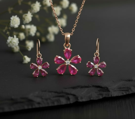 Natural Ruby & Moissanite Flower Pendant and Drop Earrings
