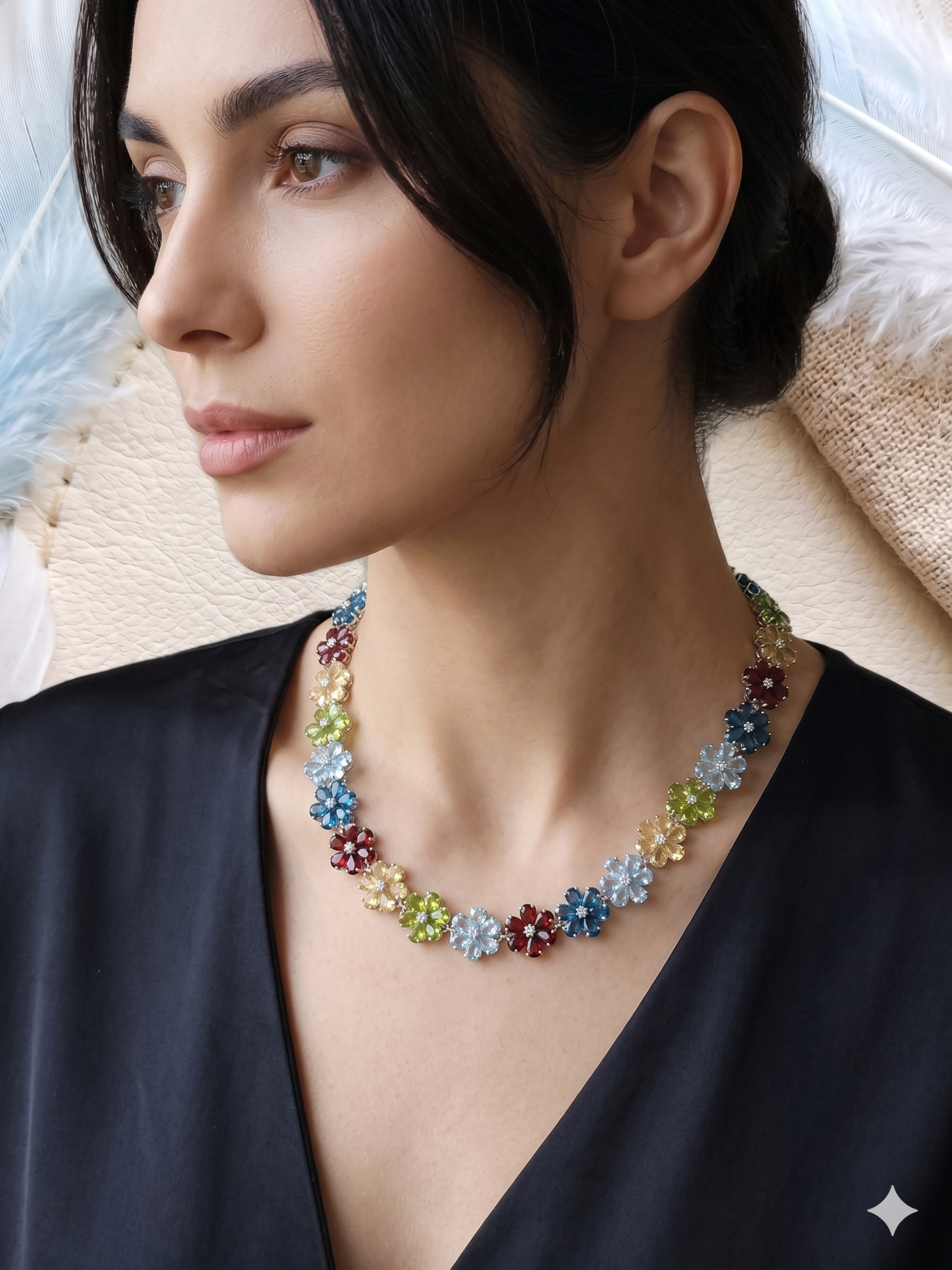 Multi-Gemstone Flower Link Necklace – Marquise Cut Floral Statement Jewelry for Women