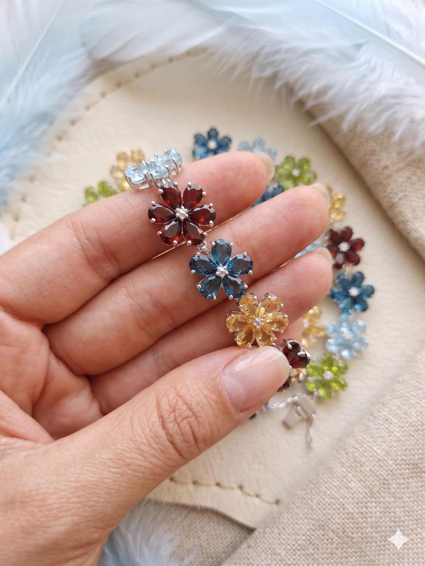 Multi-Gemstone Flower Link Necklace – Marquise Cut Floral Statement Jewelry for Women