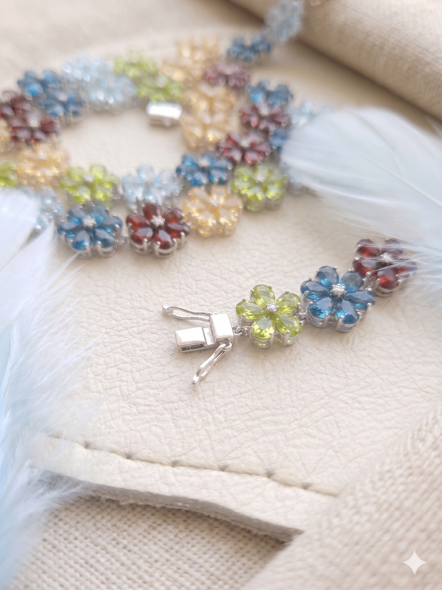Multi-Gemstone Flower Link Necklace – Marquise Cut Floral Statement Jewelry for Women