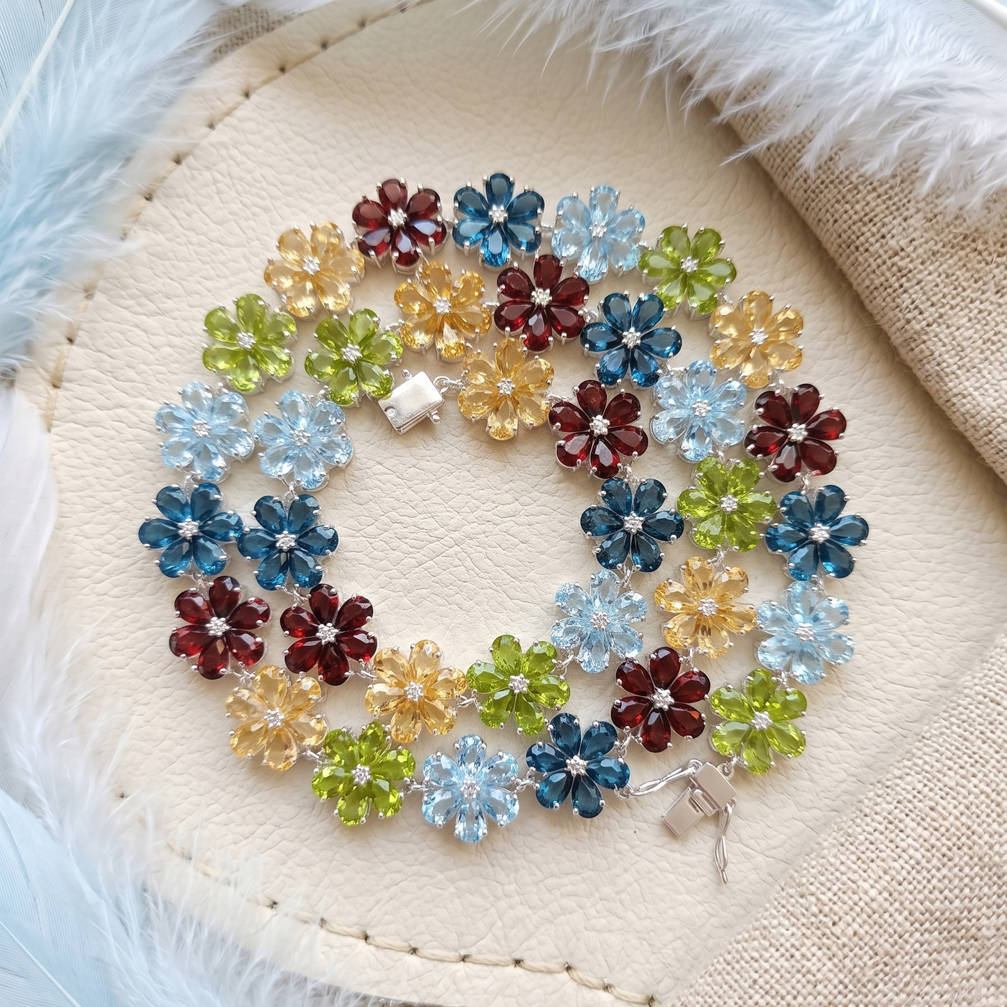 Multi-Gemstone Flower Link Necklace – Marquise Cut Floral Statement Jewelry for Women