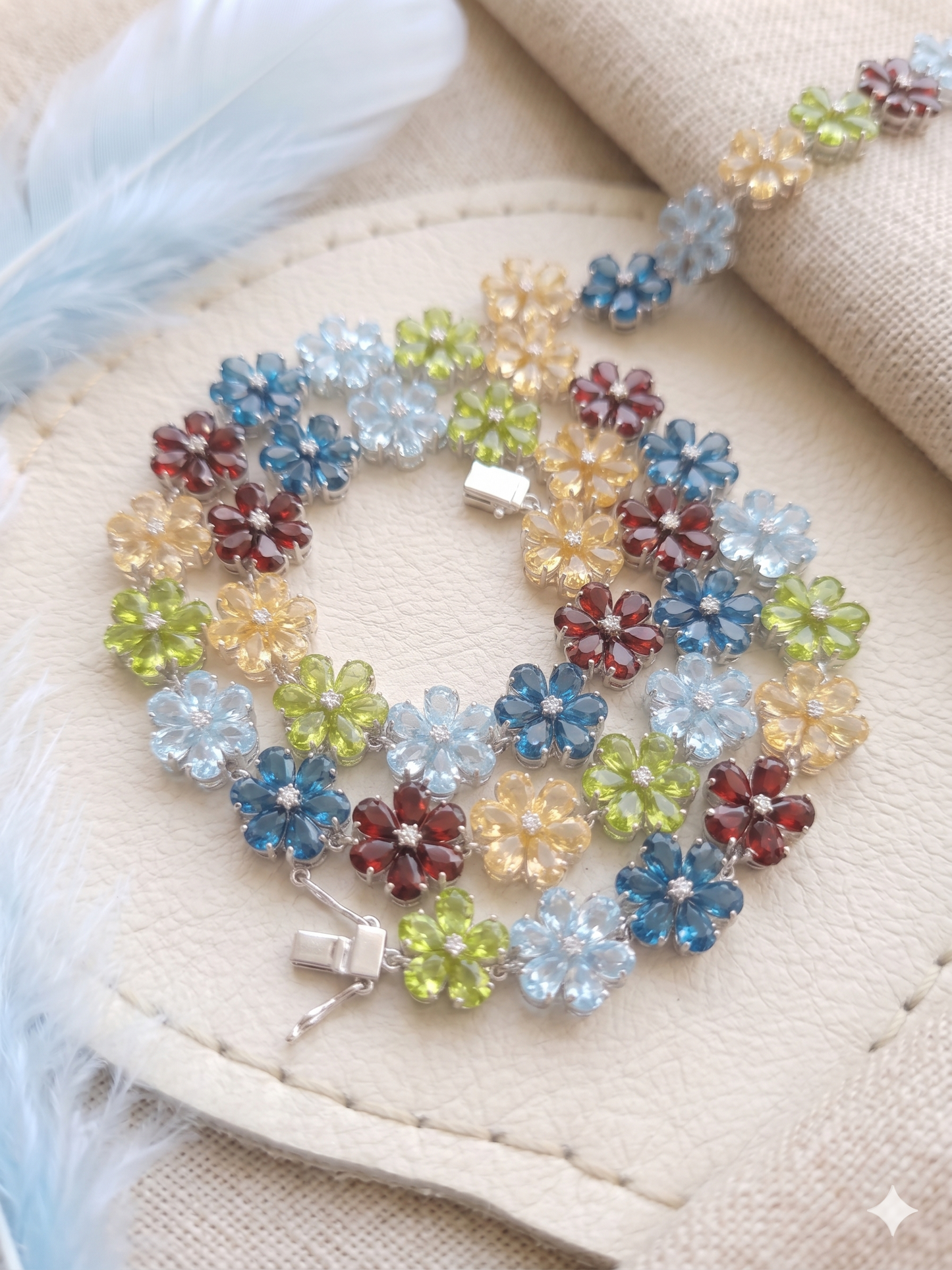 Multi-Gemstone Flower Link Necklace – Marquise Cut Floral Statement Jewelry for Women