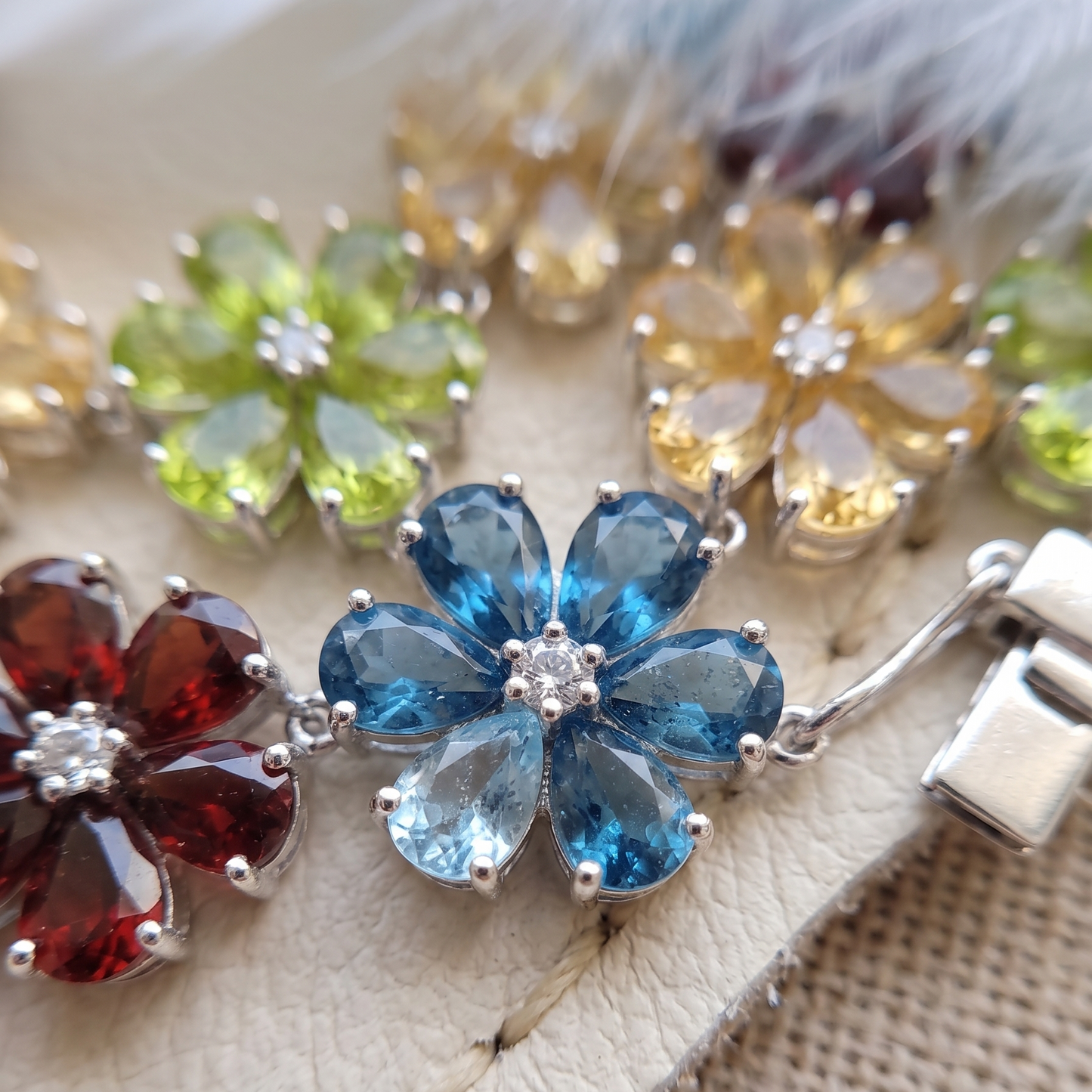 Multi-Gemstone Flower Link Necklace – Marquise Cut Floral Statement Jewelry for Women