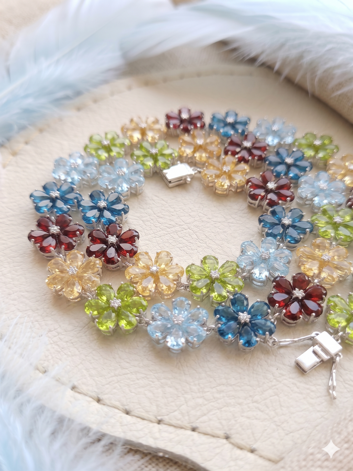 Multi-Gemstone Flower Link Necklace – Marquise Cut Floral Statement Jewelry for Women
