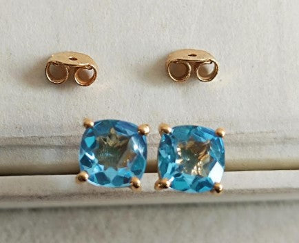 Sky Blue Solitaire Studs: Natural Cushion Blue Topaz Earrings in Sterling Silver
