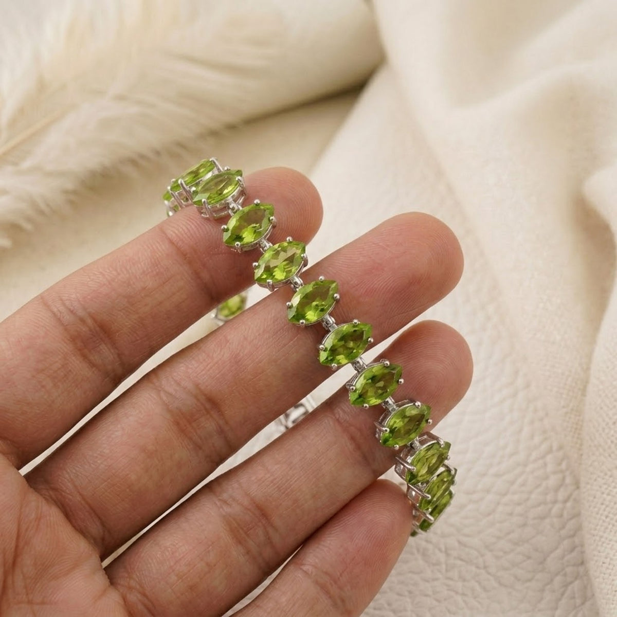 Natural Peridot Tennis Bracelet - 925 Sterling Silver For Woman.