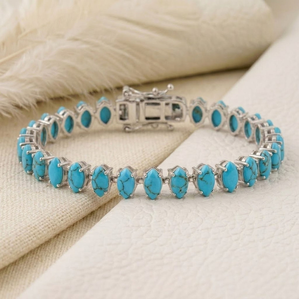 Natural Turquoise Tennis Bracelet - 925 Sterling Silver For Woman.