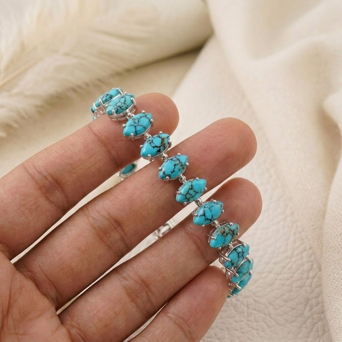 Natural Turquoise Tennis Bracelet - 925 Sterling Silver For Woman.