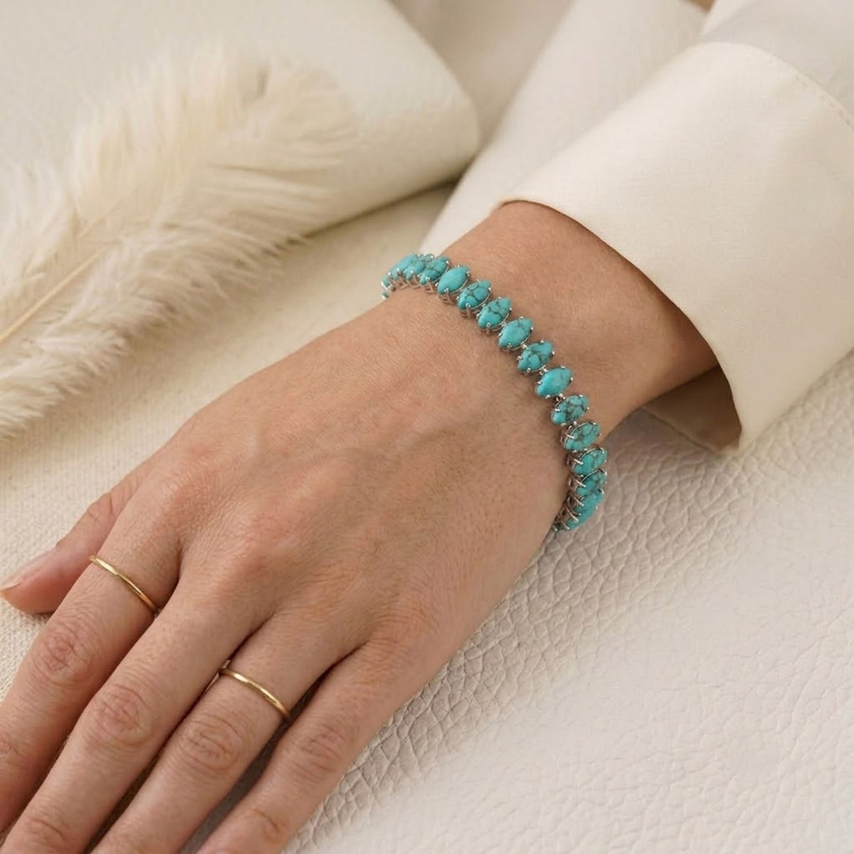 Natural Turquoise Tennis Bracelet - 925 Sterling Silver For Woman.