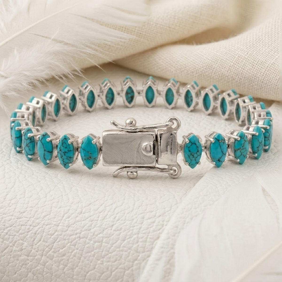 Natural Turquoise Tennis Bracelet - 925 Sterling Silver For Woman.