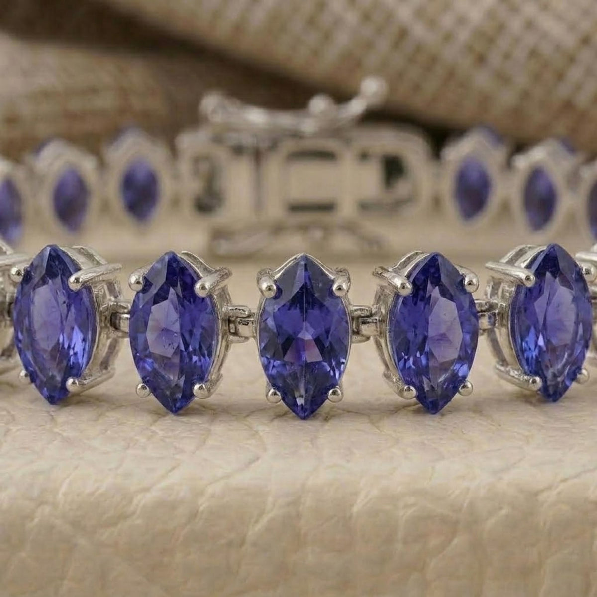 Handmade Lab-Grown Tenzanite Tennis Bracelet, Marquise Cut 925 Sterling Silver, Minimalist Fine Jewelry