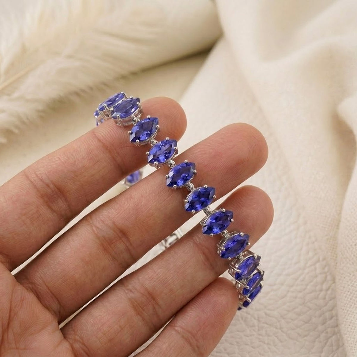 Handmade Lab-Grown Tenzanite Tennis Bracelet, Marquise Cut 925 Sterling Silver, Minimalist Fine Jewelry