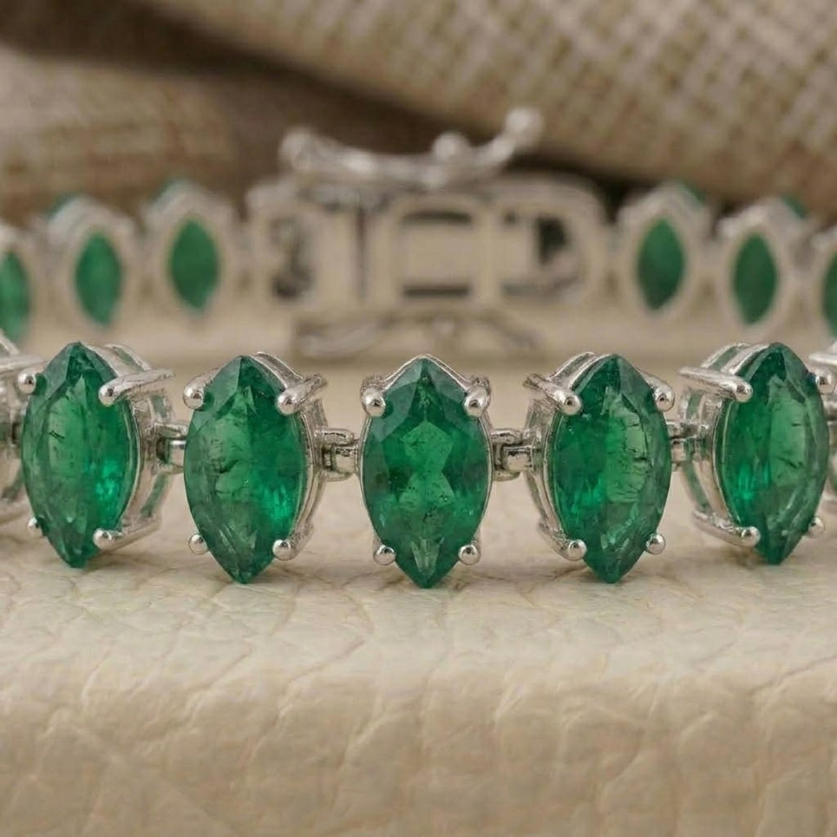 Handmade Lab-Grown Emerald Tennis Bracelet, 6x3mm Marquise Cut 925 Sterling Silver, Minimalist Fine Jewelry