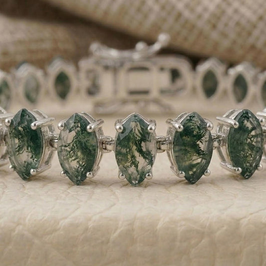 Handmade Natural Moss Agate Tennis Bracelet, Marquise Cut 925 Sterling Silver, Minimalist Fine Jewelry