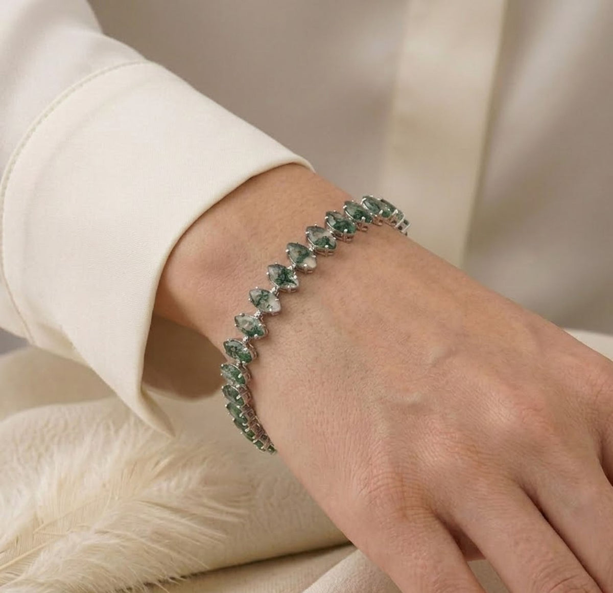 Handmade Natural Moss Agate Tennis Bracelet, Marquise Cut 925 Sterling Silver, Minimalist Fine Jewelry