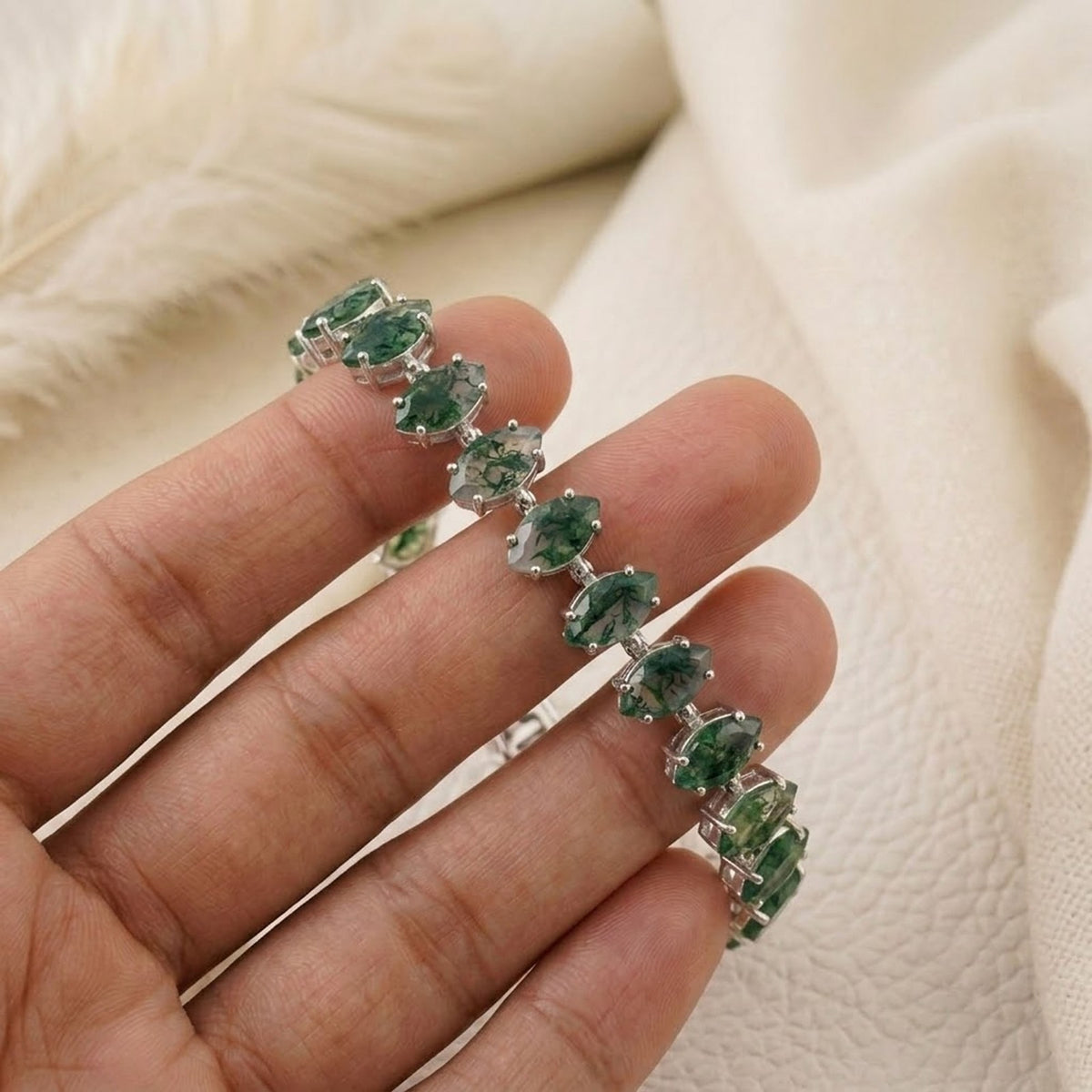 Handmade Natural Moss Agate Tennis Bracelet, Marquise Cut 925 Sterling Silver, Minimalist Fine Jewelry
