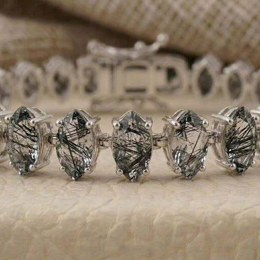 Handmade Natural Black Rutilated Quartz Tennis Bracelet, 6x3mm Marquise Cut 925 Sterling Silver, Minimalist Fine Jewelry