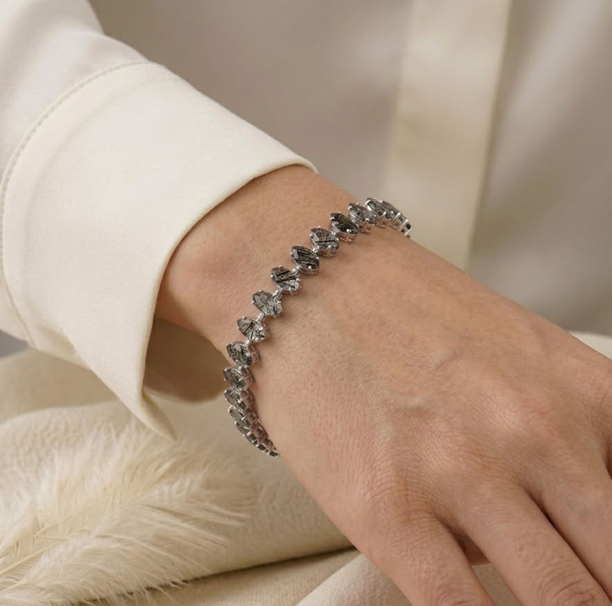 Handmade Natural Black Rutilated Quartz Tennis Bracelet, 6x3mm Marquise Cut 925 Sterling Silver, Minimalist Fine Jewelry