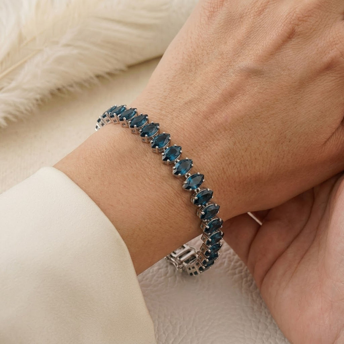 Handmade Natural London Blue Topaz Tennis Bracelet, 6x3mm Marquise Cut 925 Sterling Silver, Minimalist Fine Jewelry