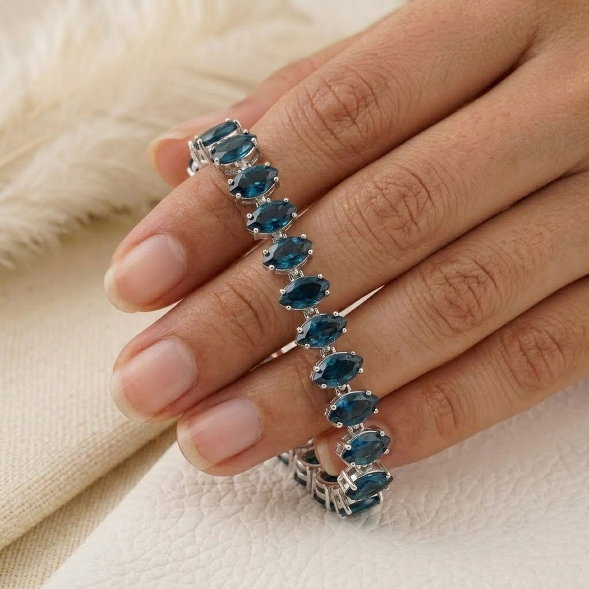Handmade Natural London Blue Topaz Tennis Bracelet, 6x3mm Marquise Cut 925 Sterling Silver, Minimalist Fine Jewelry