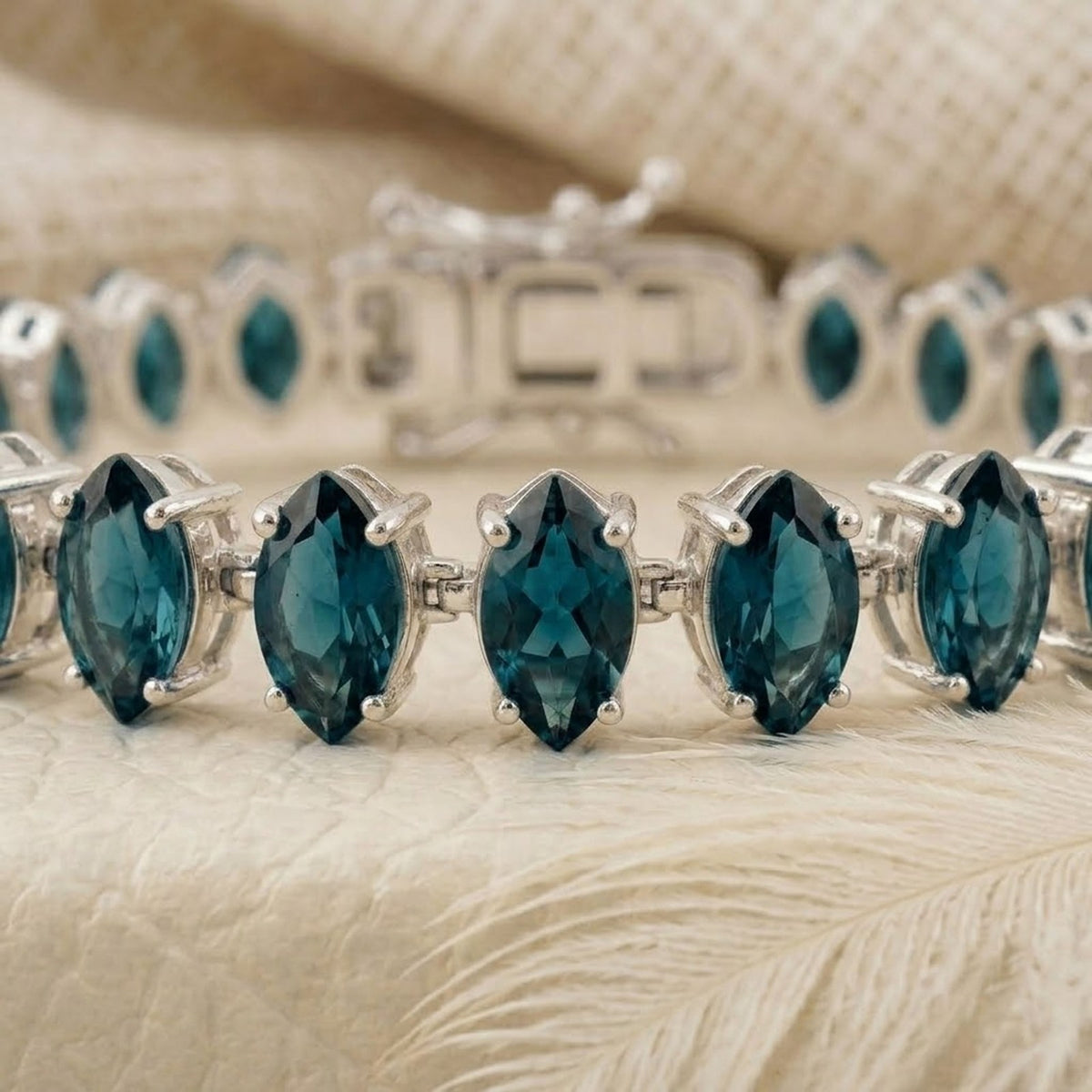 Handmade Natural London Blue Topaz Tennis Bracelet, 6x3mm Marquise Cut 925 Sterling Silver, Minimalist Fine Jewelry
