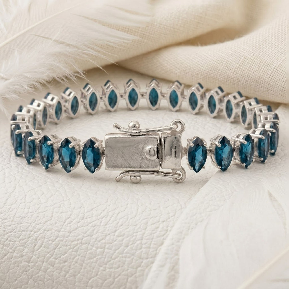 Handmade Natural London Blue Topaz Tennis Bracelet, 6x3mm Marquise Cut 925 Sterling Silver, Minimalist Fine Jewelry