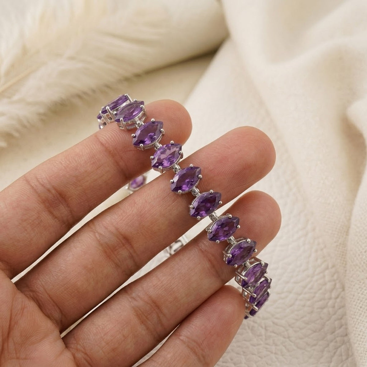 Handmade Natural Amethyst Tennis Bracelet Marquise Cut 925 Sterling Silver