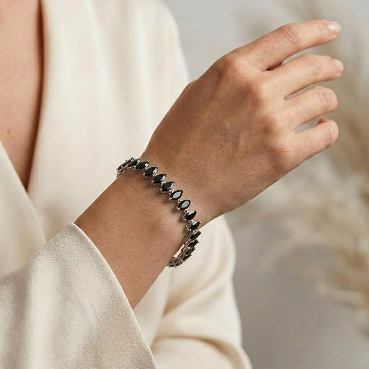 Natural Black Spinel Tennis Bracelet Marquise Cut 925 Sterling Silver for Women