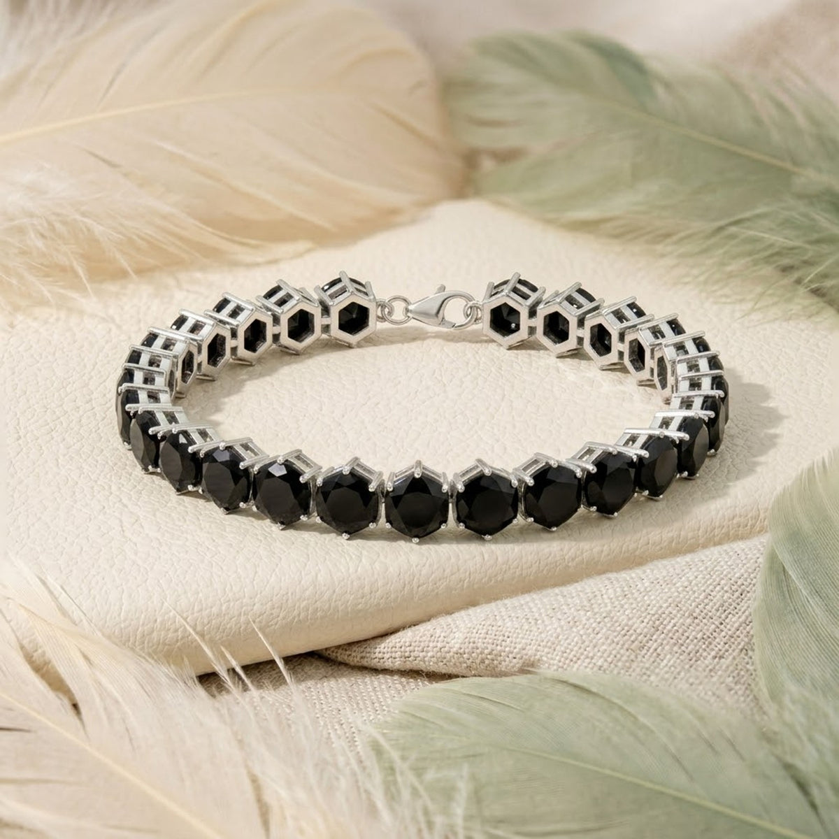 Natural Black Spinel Hexagon Cut Tennis Bracelet in Sterling Silver For Women