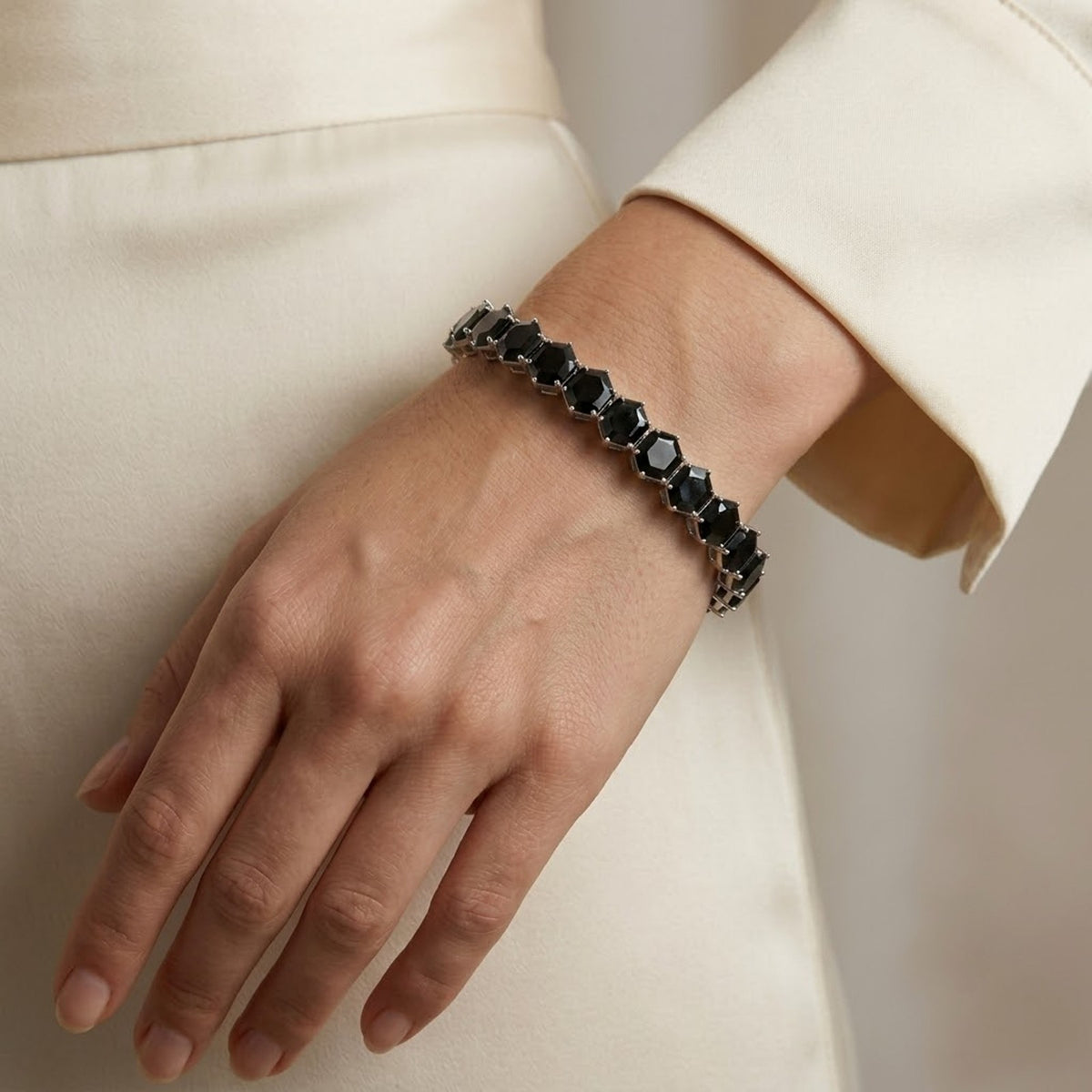 Natural Black Spinel Hexagon Cut Tennis Bracelet in Sterling Silver For Women