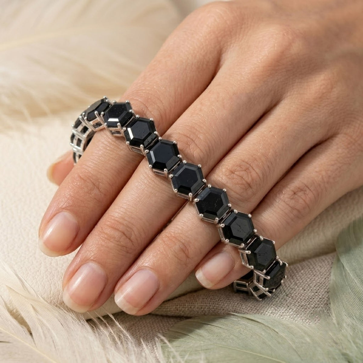 Natural Black Spinel Hexagon Cut Tennis Bracelet in Sterling Silver For Women