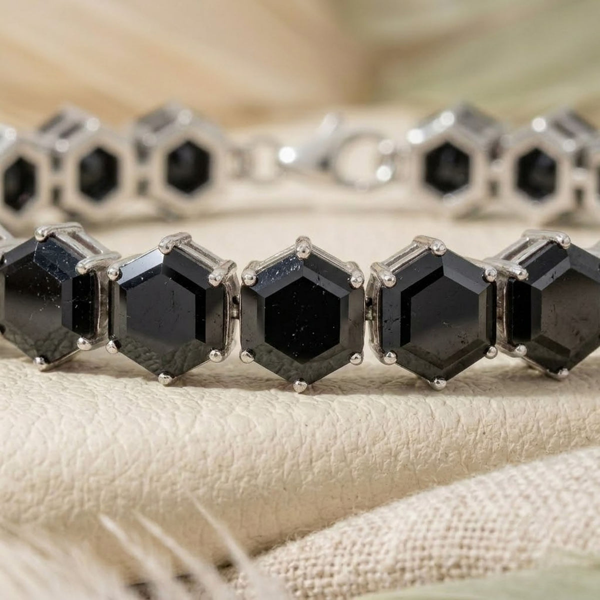 Natural Black Spinel Hexagon Cut Tennis Bracelet in Sterling Silver For Women