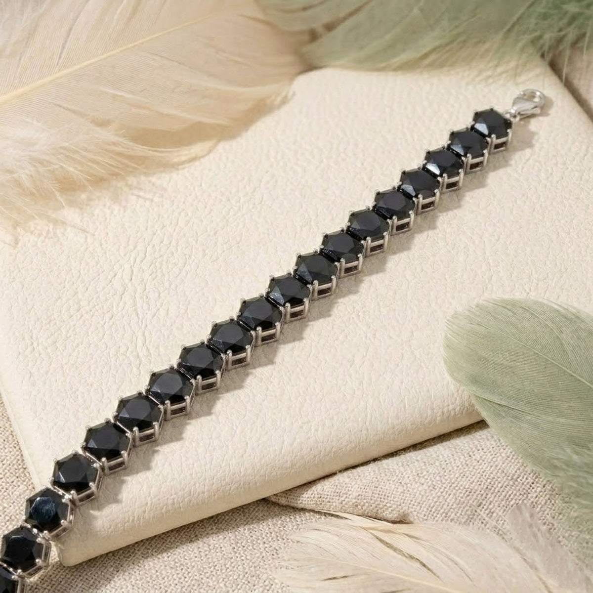Natural Black Spinel Hexagon Cut Tennis Bracelet in Sterling Silver For Women
