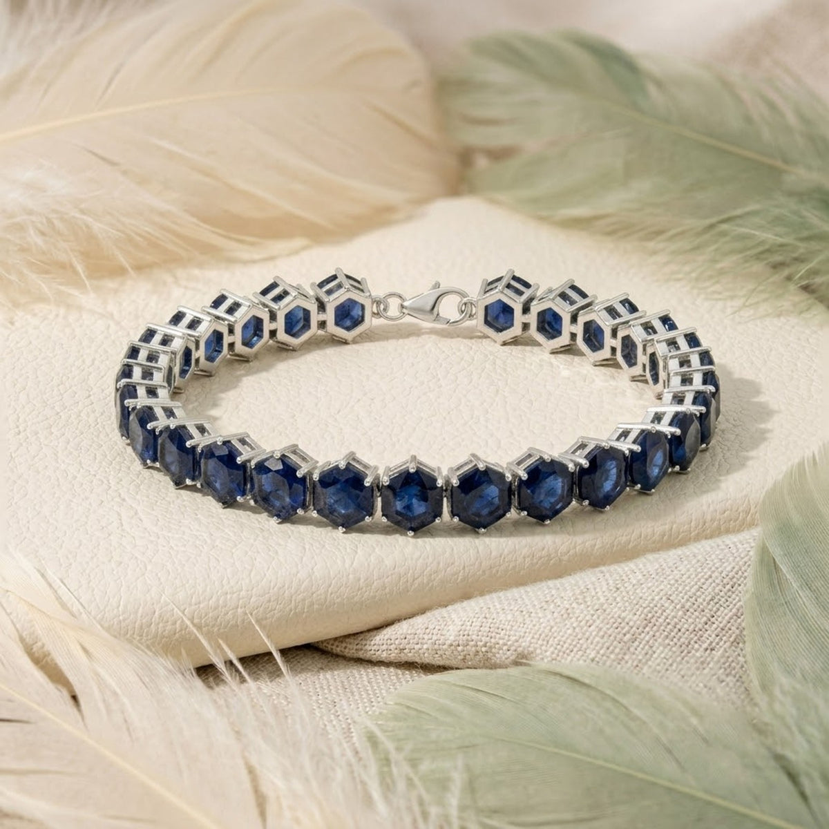 Natural Blue Sapphire Hexagon Cut Tennis Bracelet in 925 Sterling Silver For Women Gift
