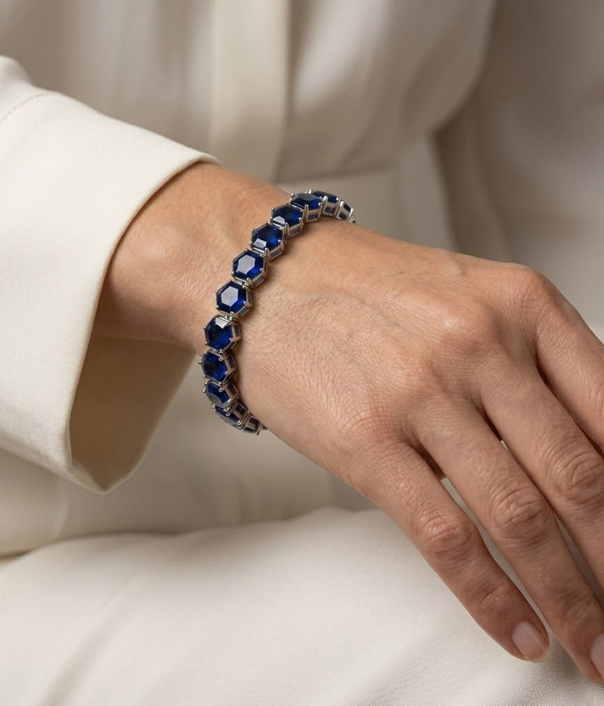 Natural Blue Sapphire Hexagon Cut Tennis Bracelet in 925 Sterling Silver For Women Gift