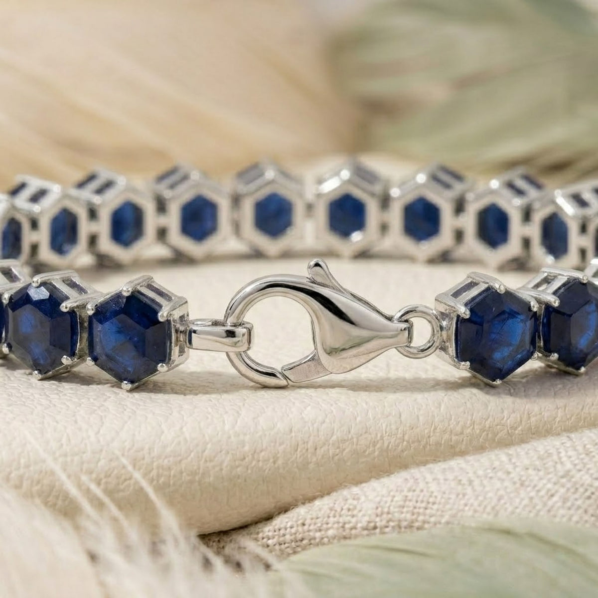 Natural Blue Sapphire Hexagon Cut Tennis Bracelet in 925 Sterling Silver For Women Gift