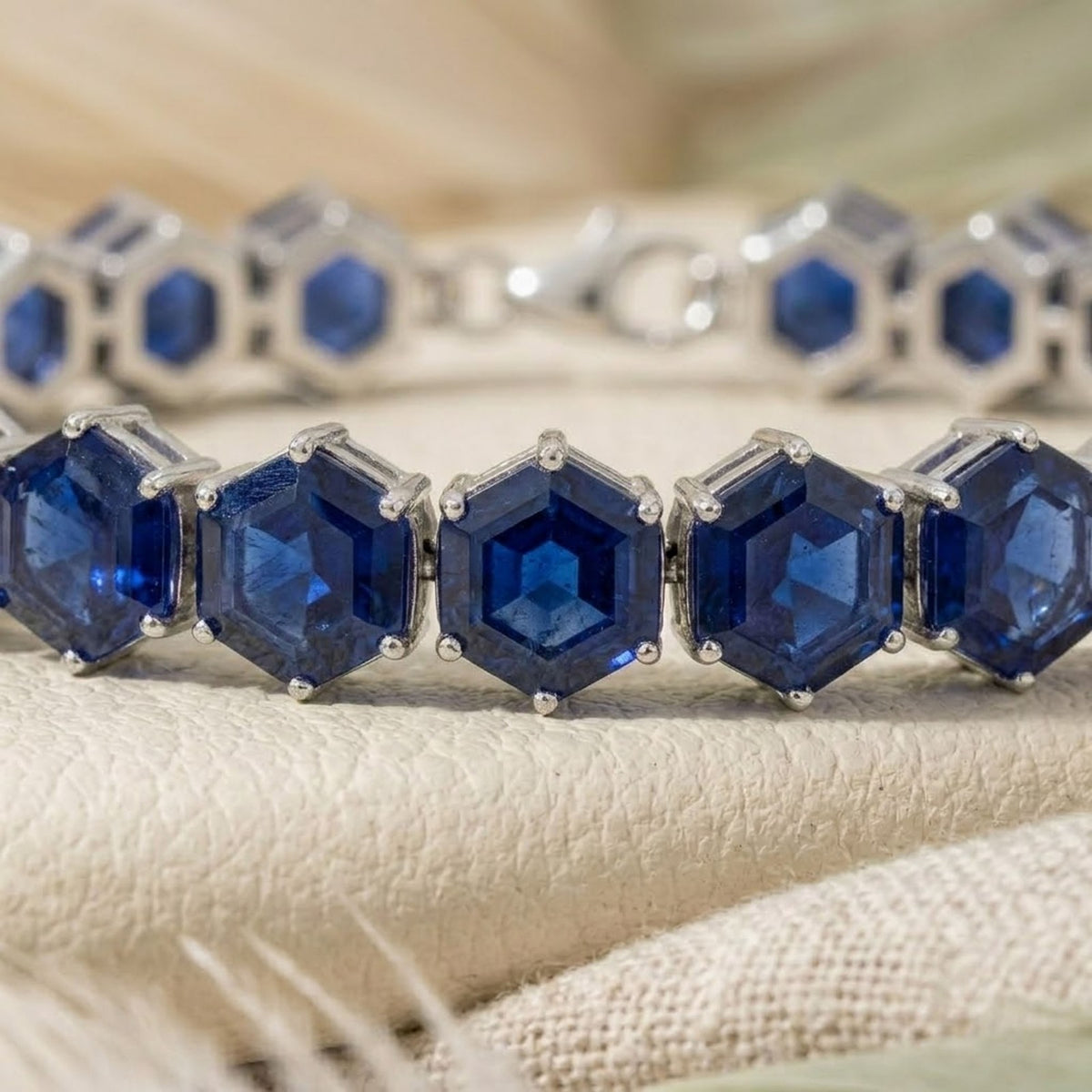 Natural Blue Sapphire Hexagon Cut Tennis Bracelet in 925 Sterling Silver For Women Gift