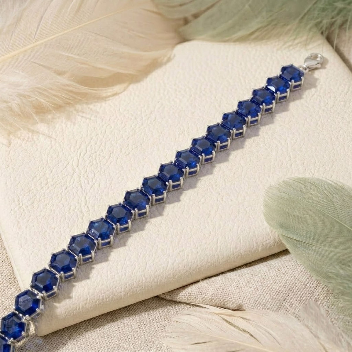 Natural Blue Sapphire Hexagon Cut Tennis Bracelet in 925 Sterling Silver For Women Gift