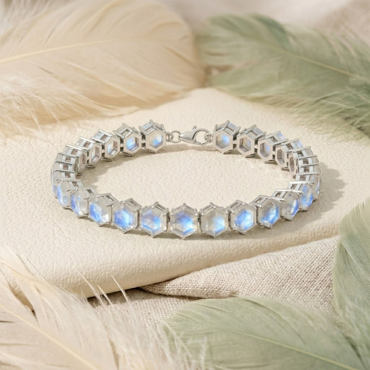 Natural Moonstone Hexagon Cut Tennis Bracelet in 925 Sterling Silver For Women Gift