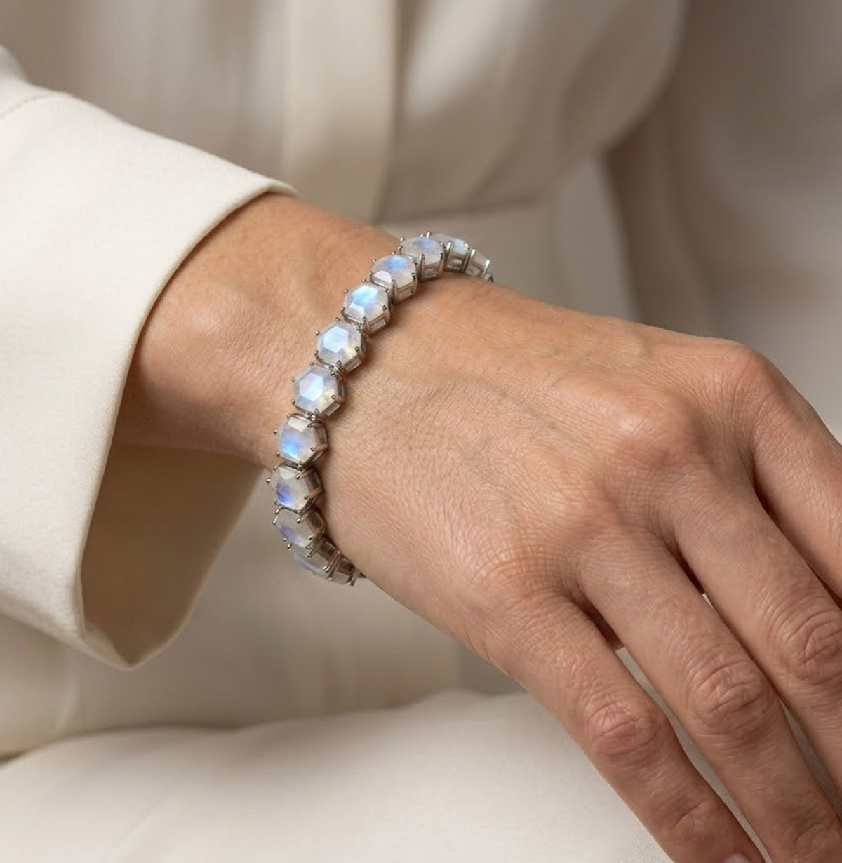 Natural Moonstone Hexagon Cut Tennis Bracelet in 925 Sterling Silver For Women Gift