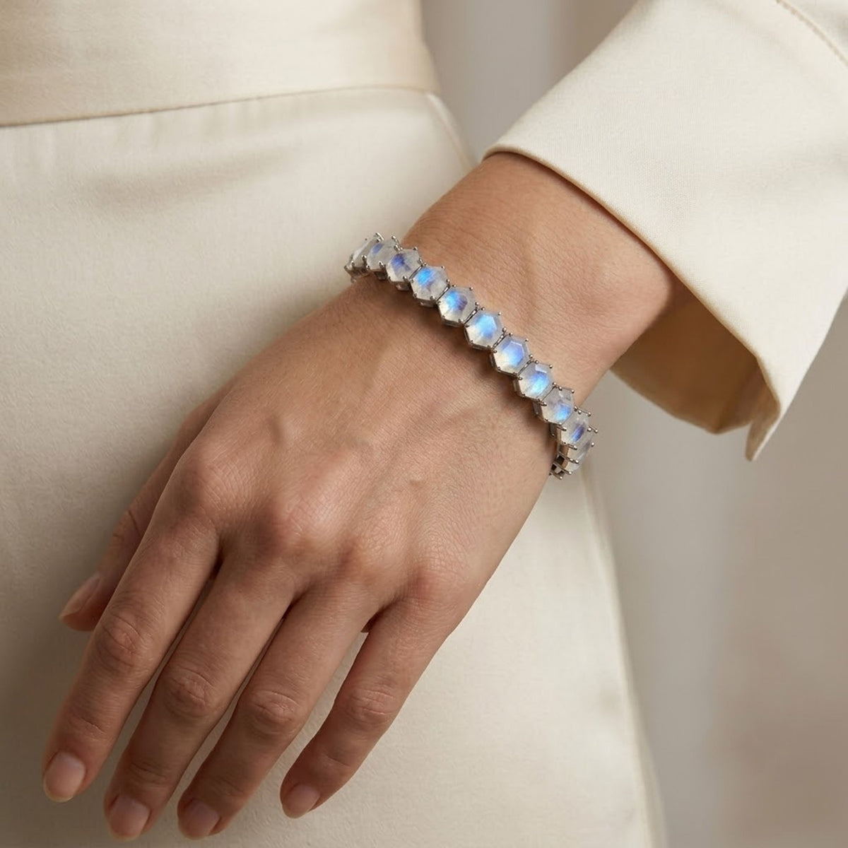 Natural Moonstone Hexagon Cut Tennis Bracelet in 925 Sterling Silver For Women Gift