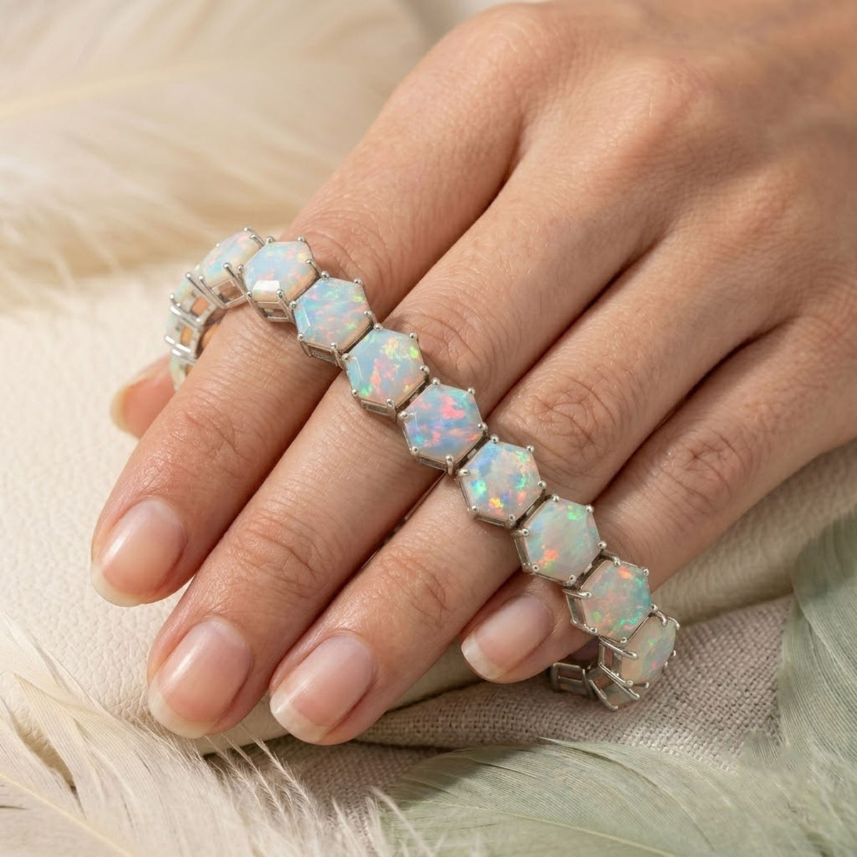 Natural Opal Hexagon Cut Tennis Bracelet in 925 Sterling Silver For Women Gift