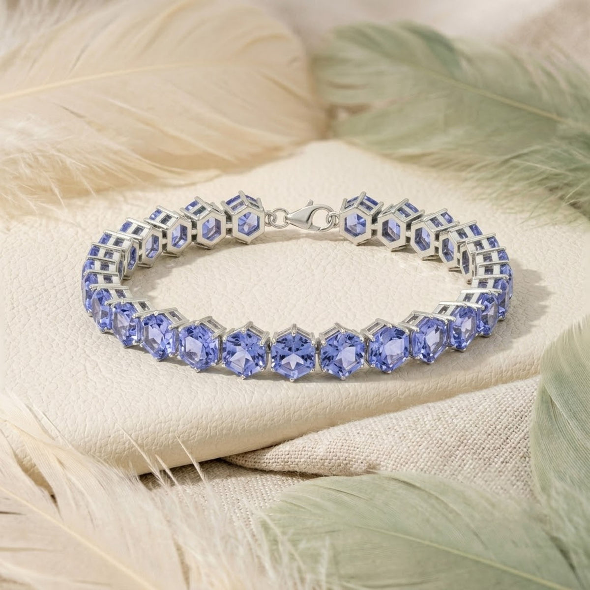 Lab-Grown Tanzanite Hexagon Cut Tennis Bracelet in 925 Sterling Silver.