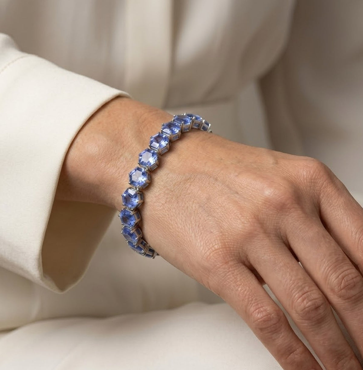 Lab-Grown Tanzanite Hexagon Cut Tennis Bracelet in 925 Sterling Silver.