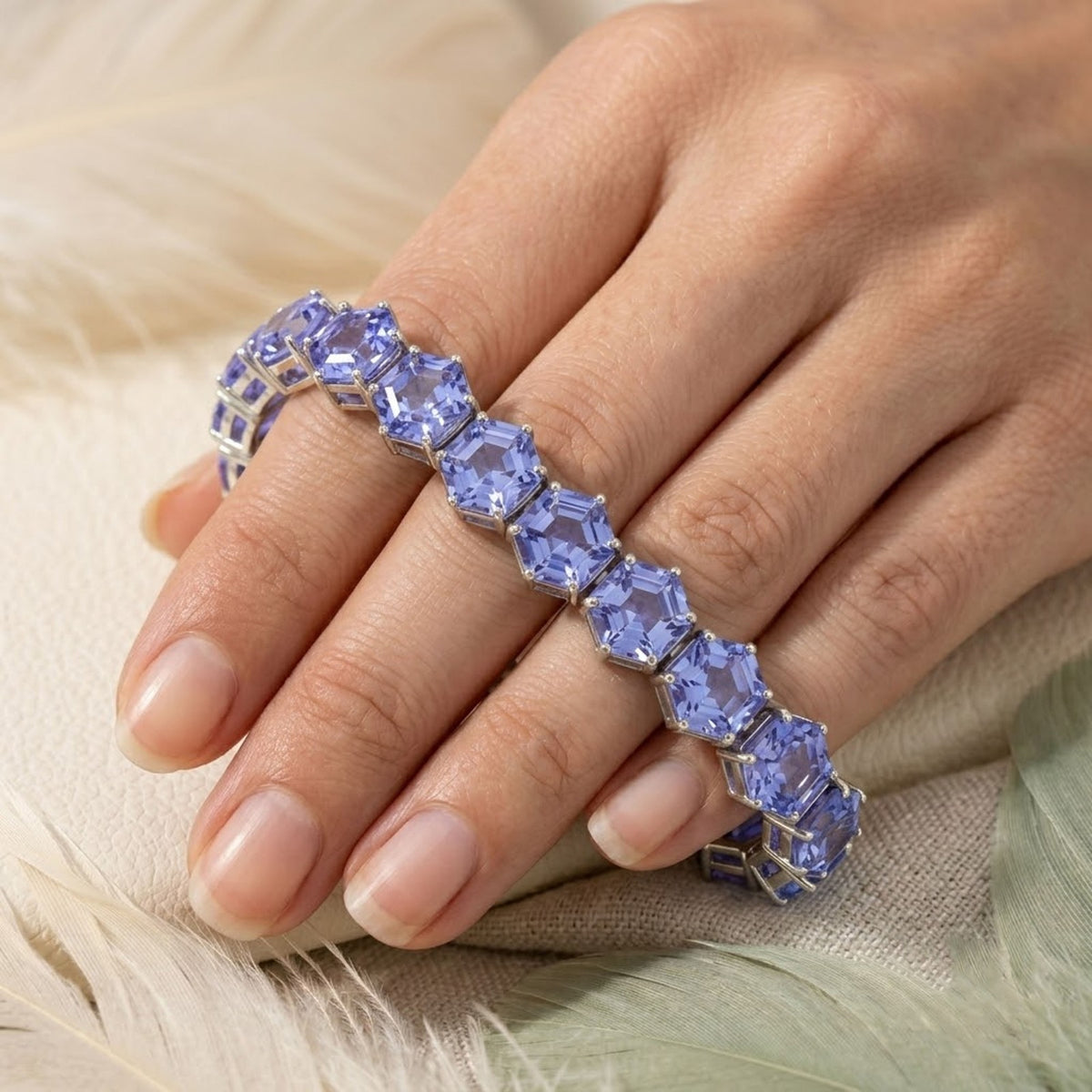 Lab-Grown Tanzanite Hexagon Cut Tennis Bracelet in 925 Sterling Silver.