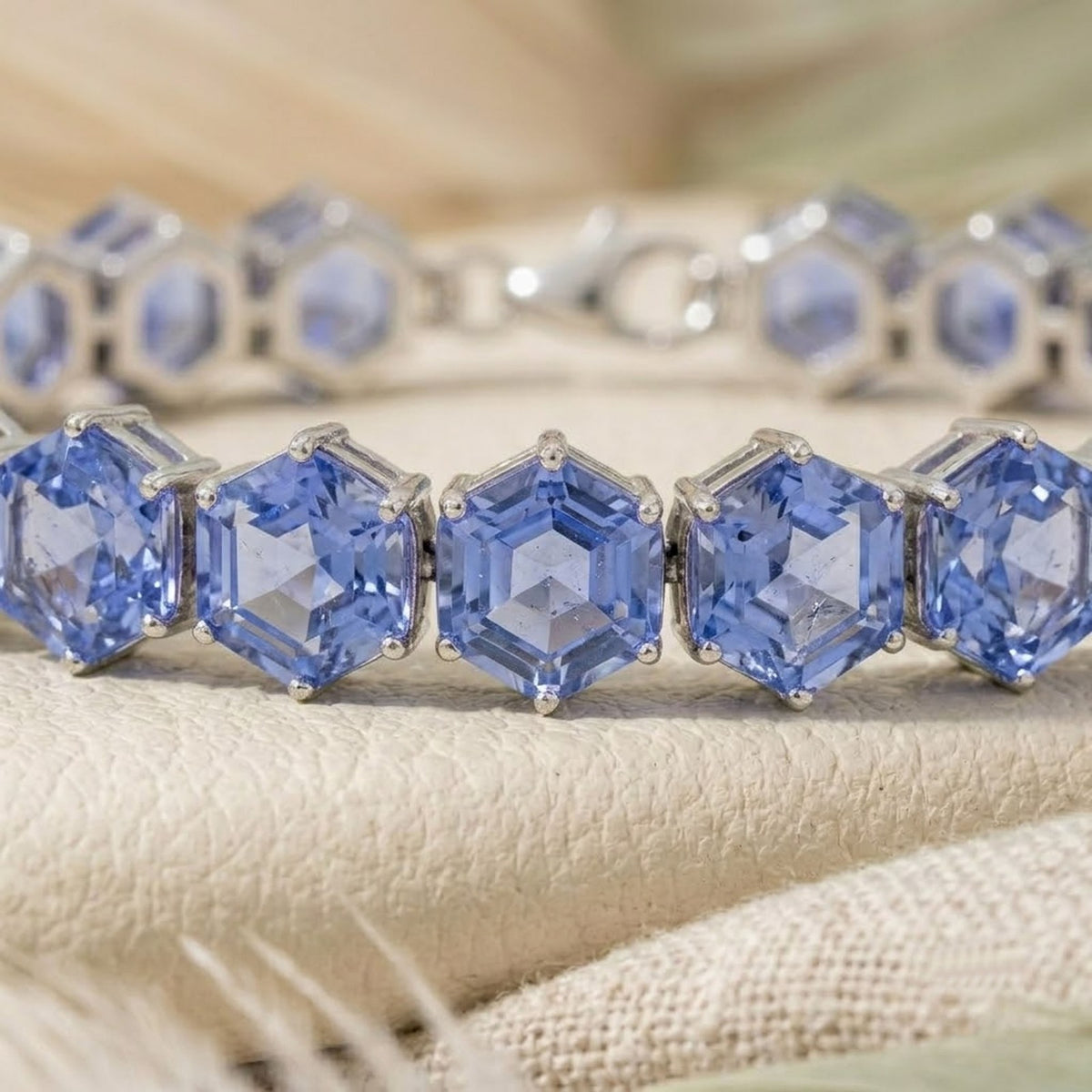 Lab-Grown Tanzanite Hexagon Cut Tennis Bracelet in 925 Sterling Silver.