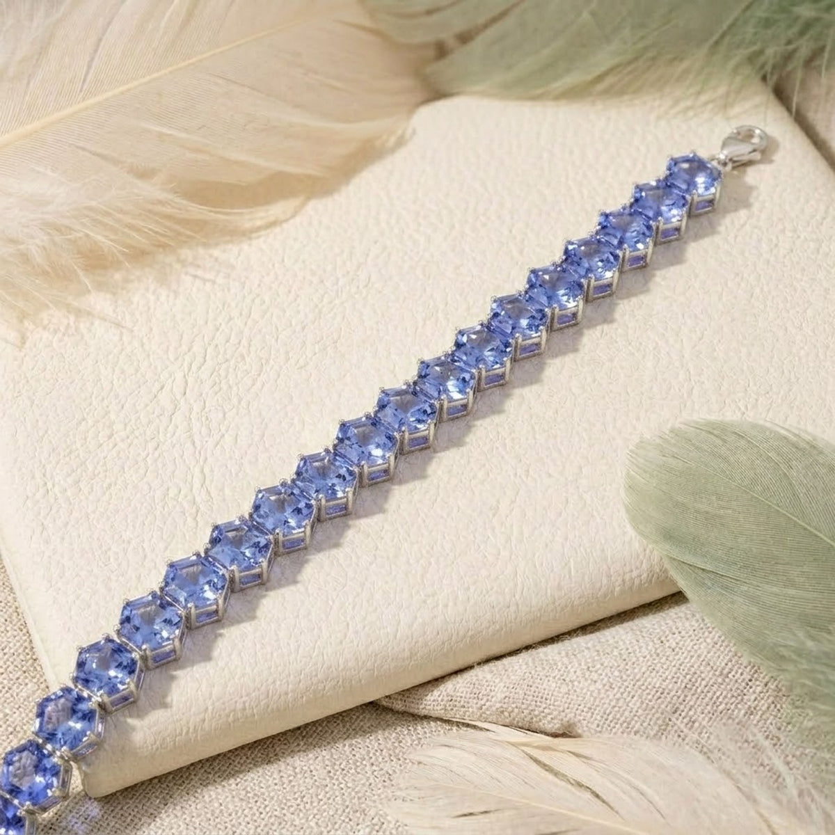 Lab-Grown Tanzanite Hexagon Cut Tennis Bracelet in 925 Sterling Silver.