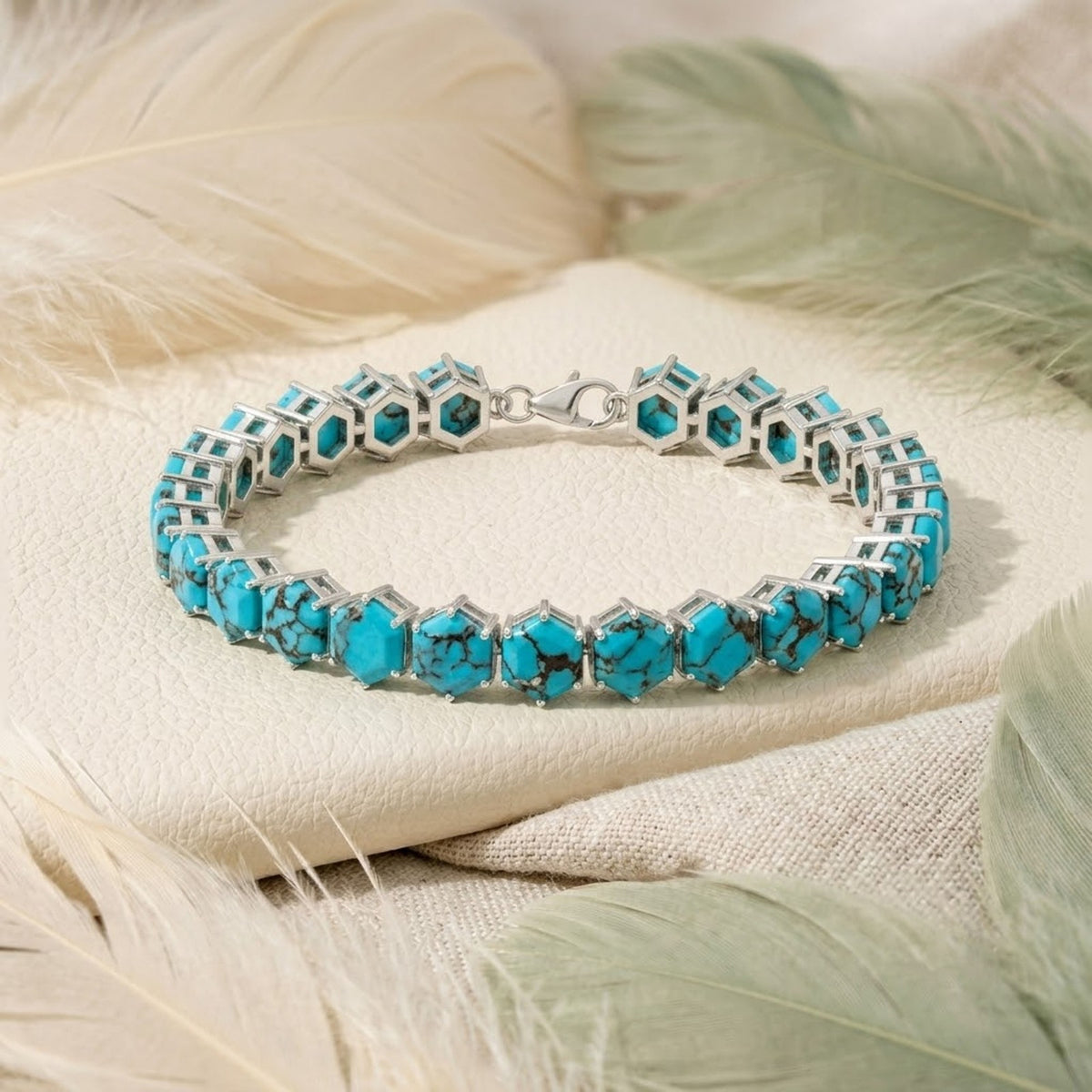 Natural Turquoise Hexagon Cut Tennis Bracelet in 925 Sterling Silver For Women Gift