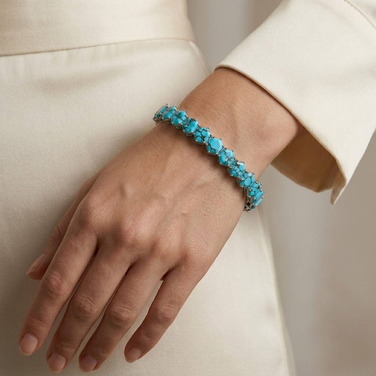 Natural Turquoise Hexagon Cut Tennis Bracelet in 925 Sterling Silver For Women Gift